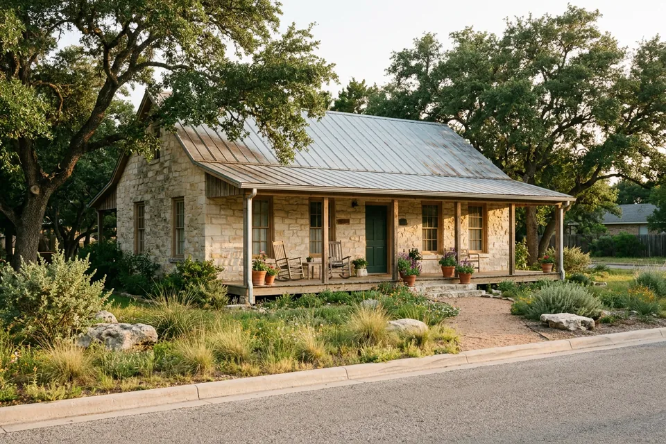 Illustration of a small limestone cottage with a tin roof