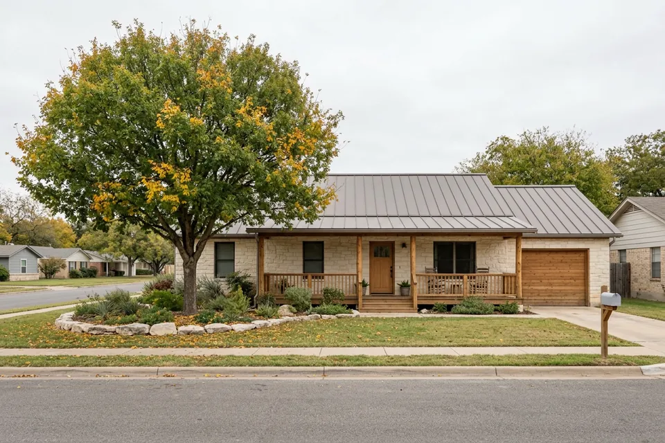 Illustration of a limestone ranch house with a metal roof