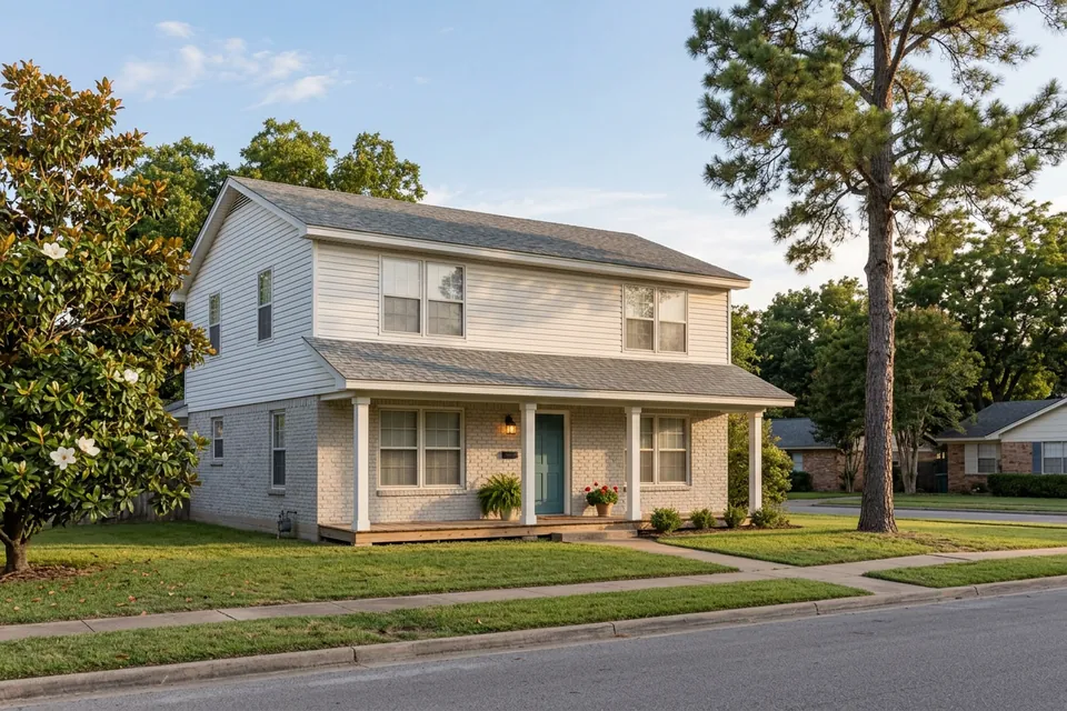 Illustration of a two-story 1980s brick and siding house with a porch