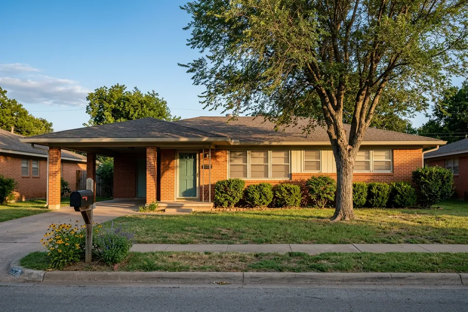 Illustration of a 1960s red brick ranch house with a carport