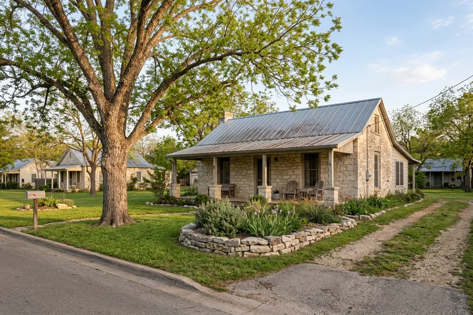 Illustration of a small limestone cottage with a tin roof