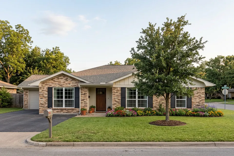 Illustration of a 1970s brick ranch house with shutters