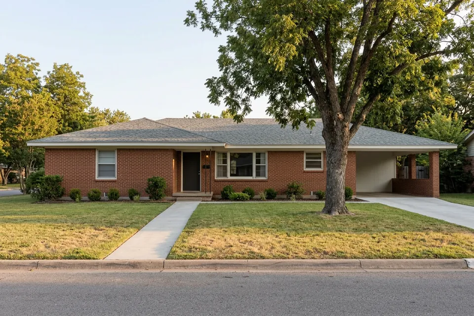 Illustration of a 1960s red brick ranch house with a carport