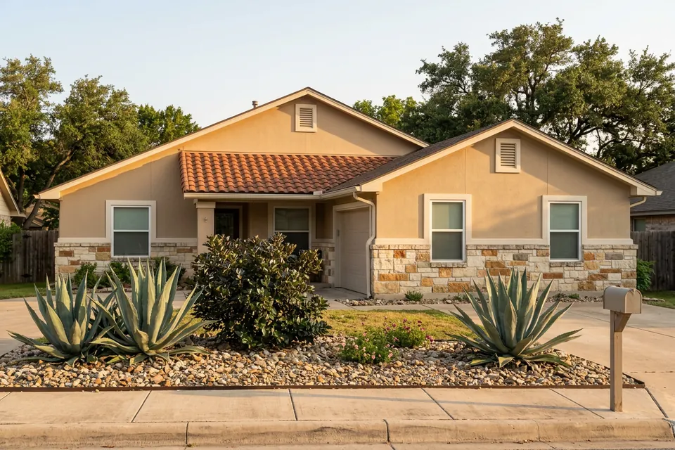 Illustration of a 1990s stucco and stone house