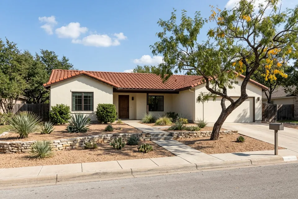 Illustration of a cream stucco ranch house with a tile roof