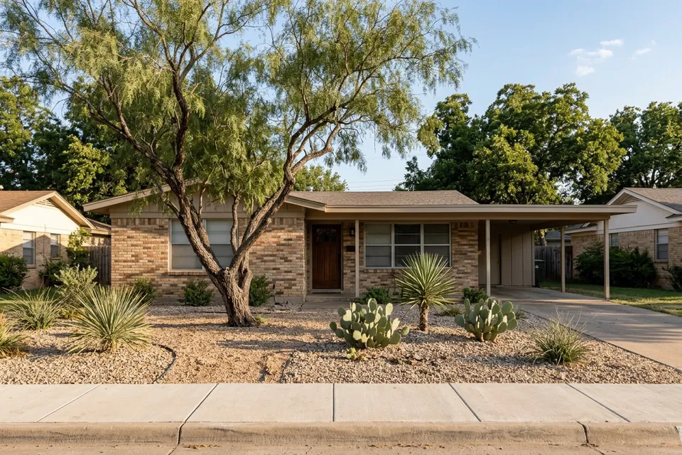 Illustration of a 1970s brick ranch house with a carport