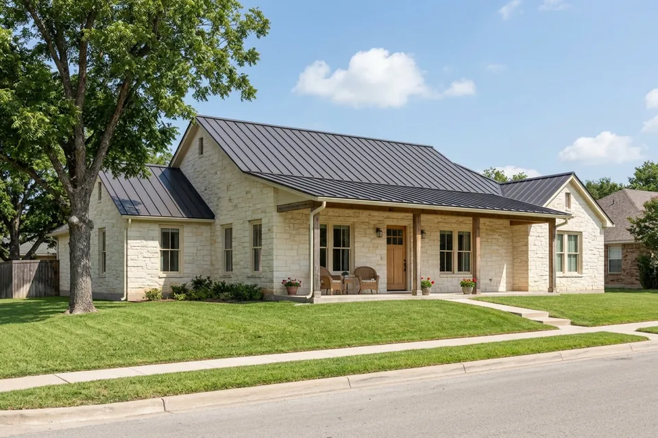 Illustration of a limestone ranch house with a metal roof