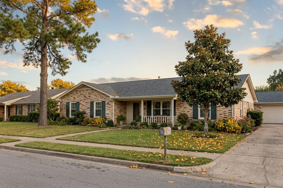 Illustration of a 1970s brick ranch house with shutters