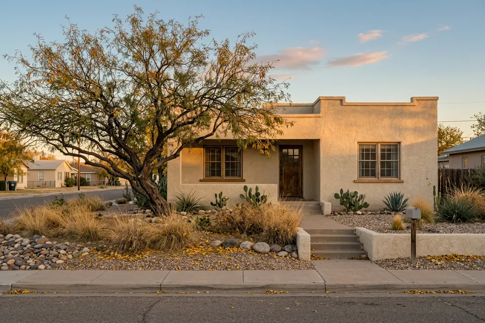 Illustration of a flat-roofed stucco ranch house