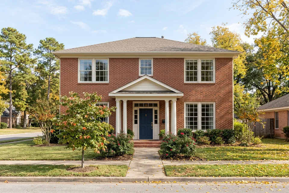 Illustration of a two-story red brick house with white columns