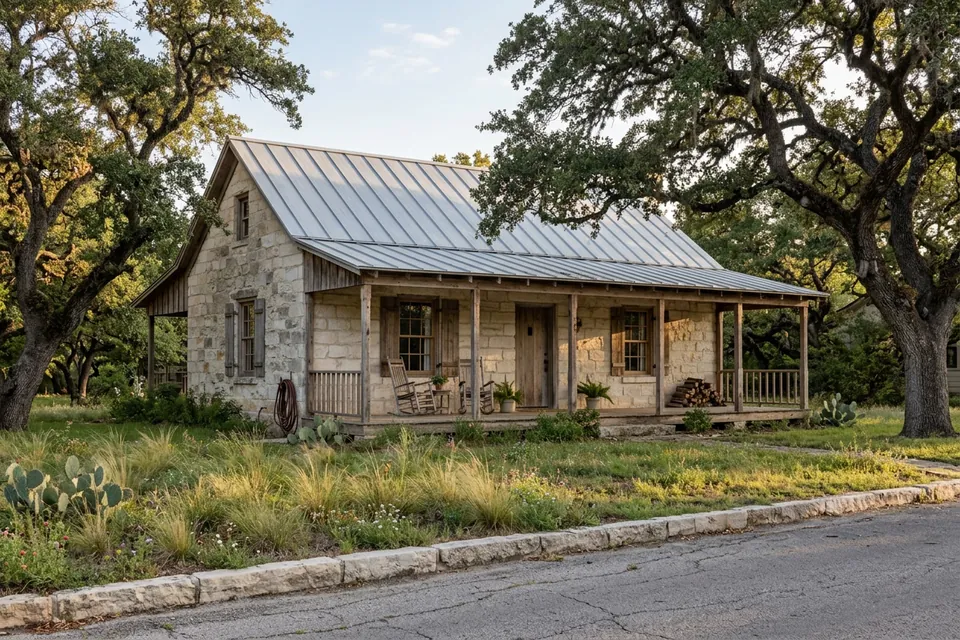 Illustration of a small limestone cottage with a tin roof