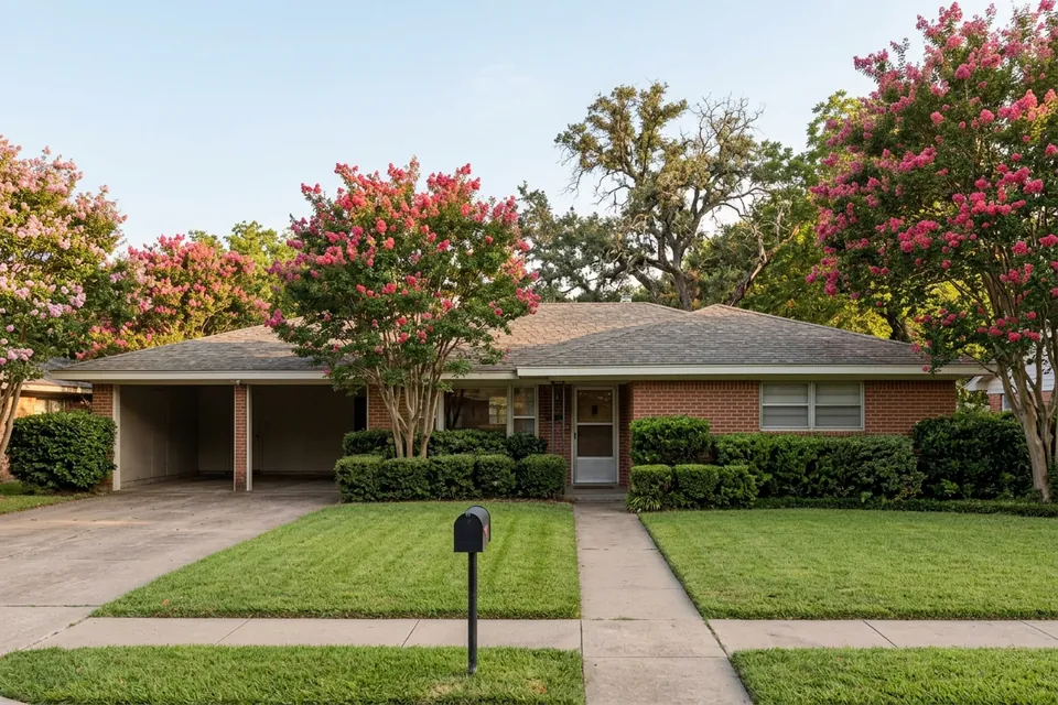 Illustration of a 1960s brick ranch house with a carport