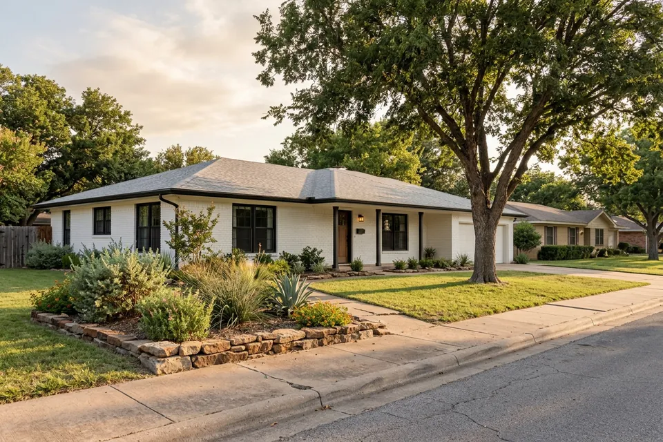 Illustration of a 1970s white-painted brick ranch house
