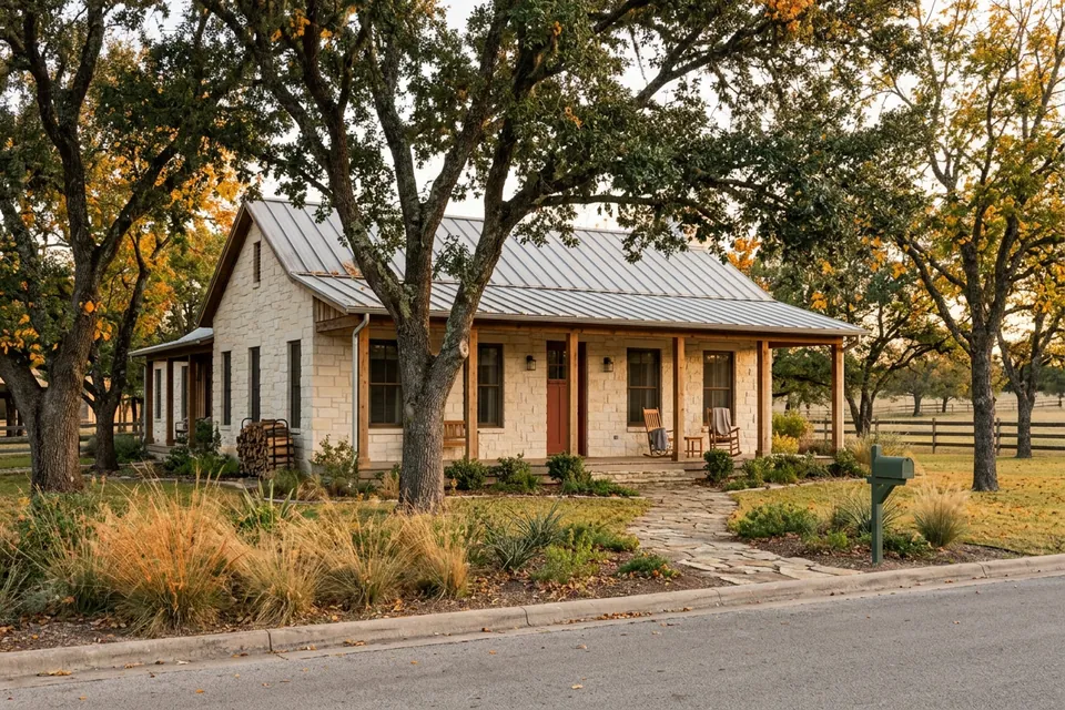 Illustration of a limestone ranch house with a metal roof