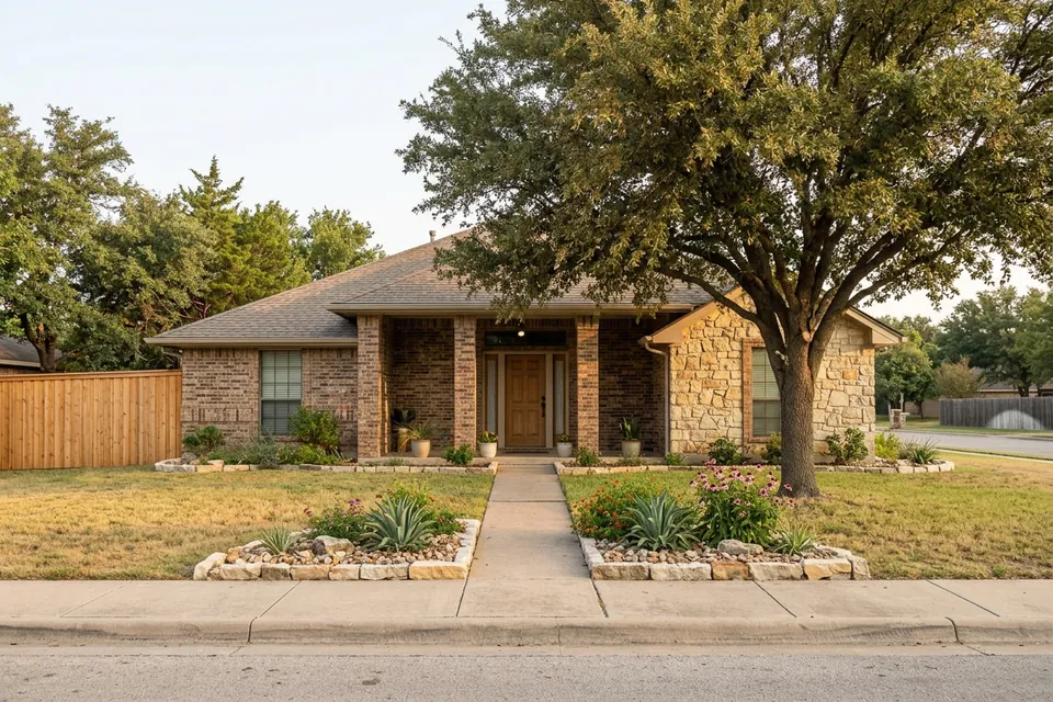 Illustration of a 1980s brick and limestone house