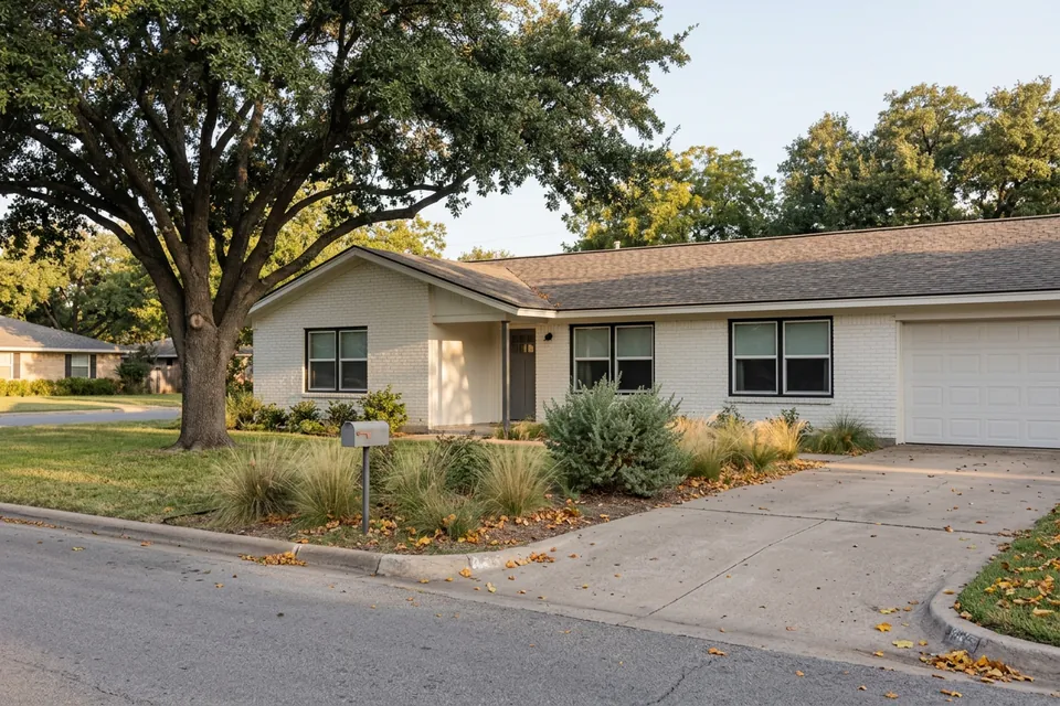 Illustration of a 1970s white-painted brick ranch house