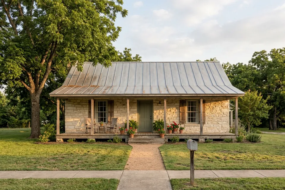 Illustration of a small limestone cottage with a tin roof