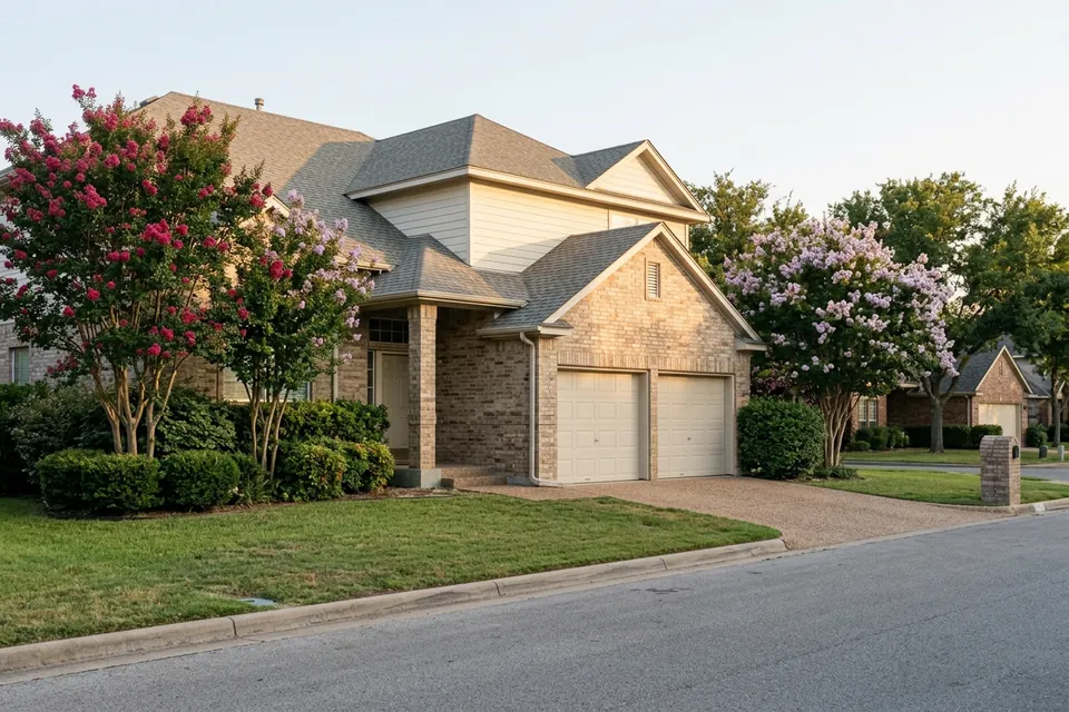 Illustration of a two-story beige brick and siding house