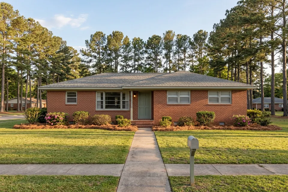 Illustration of a 1970s brick ranch house among pines