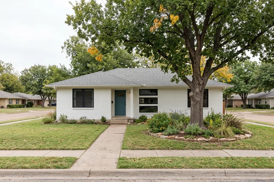 Illustration of a 1970s white-painted brick ranch house