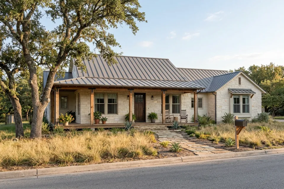 Illustration of a limestone ranch house with a metal roof