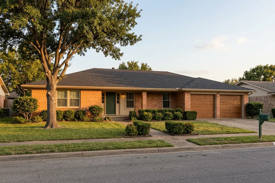 Illustration of a 1970s brick ranch house with a two-car garage