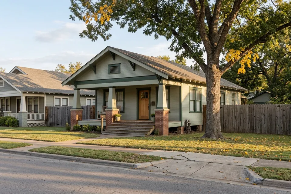 Illustration of a 1930s Craftsman bungalow on a pier and beam foundation