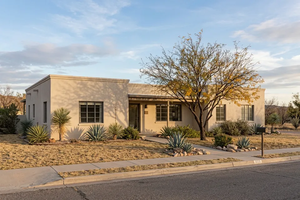 Illustration of a flat-roofed stucco ranch house