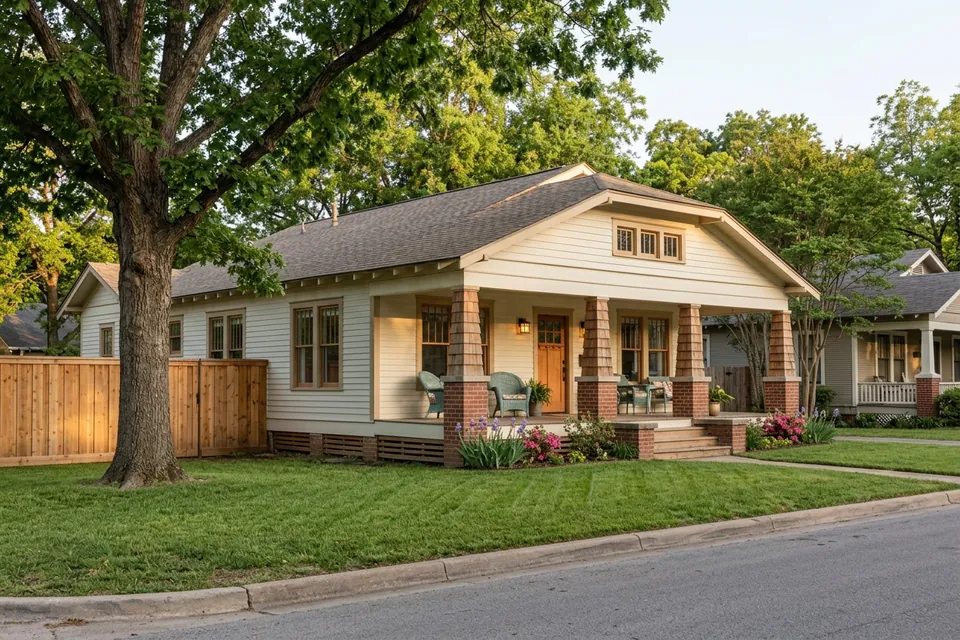 Illustration of a 1930s Craftsman bungalow on a pier and beam foundation