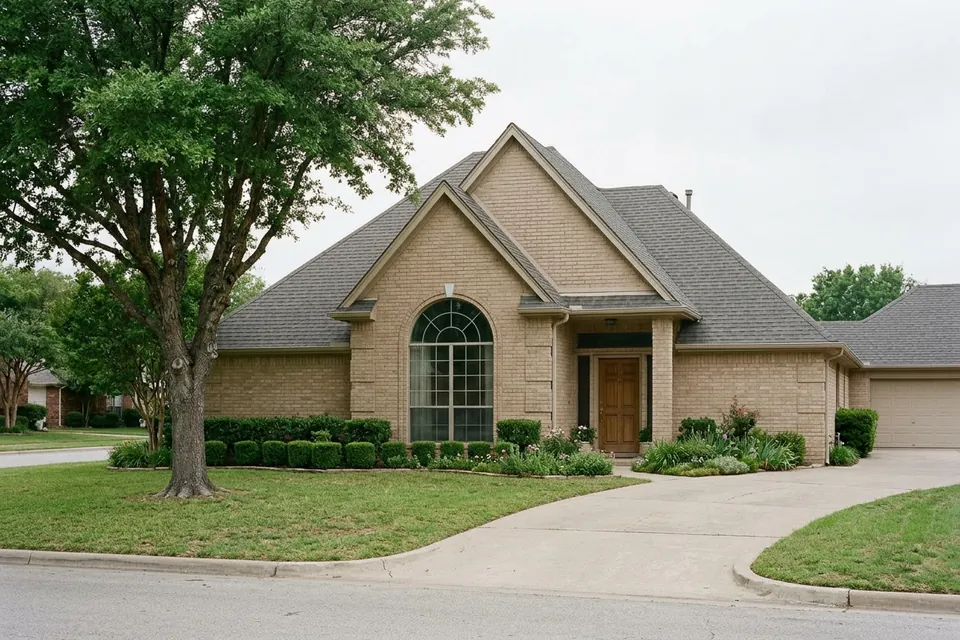 Illustration of a 1990s tan brick house with a tall roof