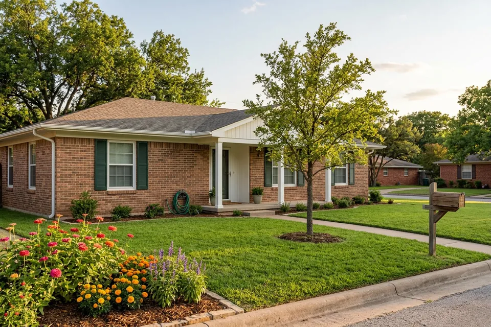 Illustration of a 1970s brick ranch house with shutters