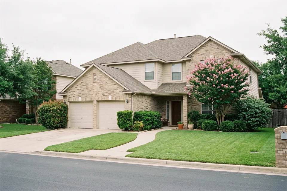 Illustration of a two-story beige brick and siding house