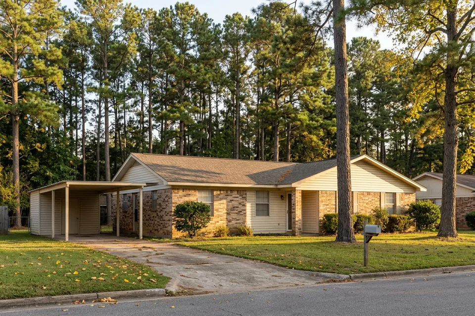 Illustration of a 1980s brick and siding house with a carport
