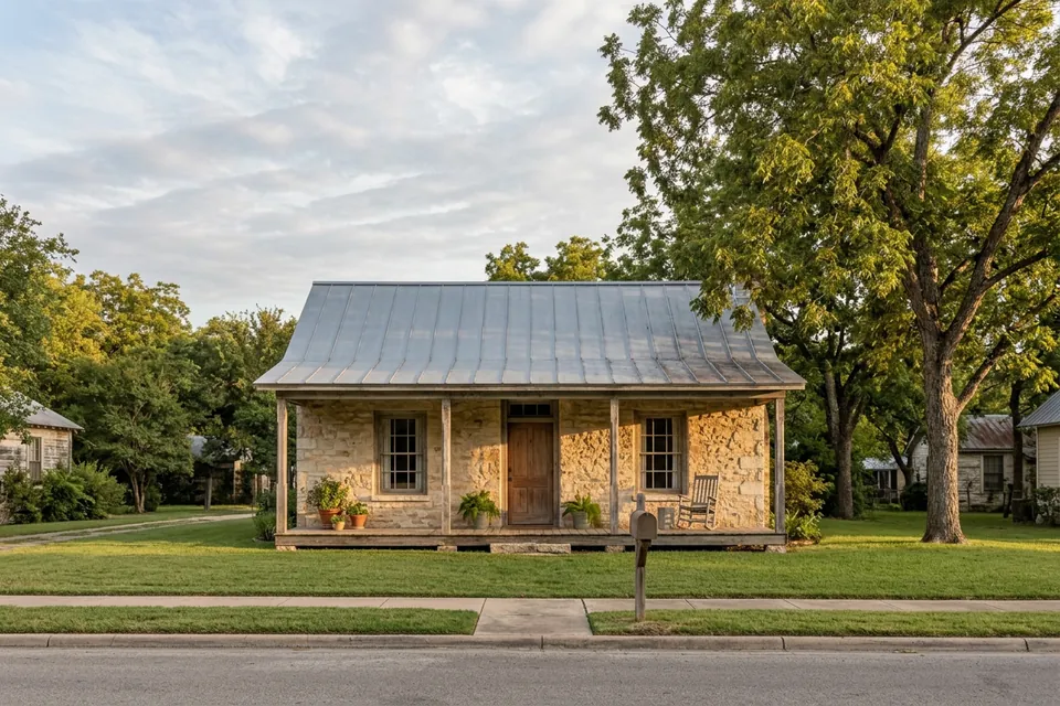 Illustration of a small limestone cottage with a tin roof
