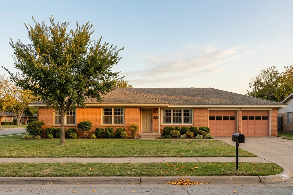 Illustration of a 1970s brick ranch house with a two-car garage