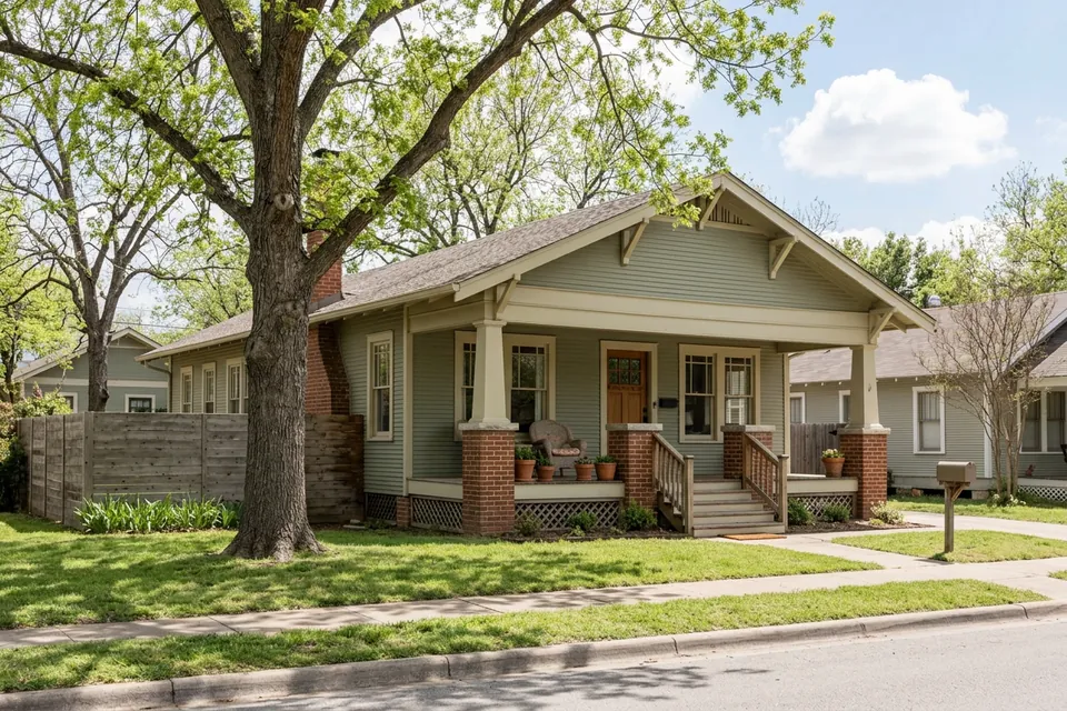 Illustration of a 1930s Craftsman bungalow on a pier and beam foundation