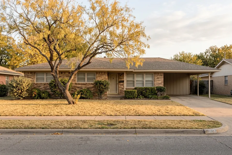 Illustration of a 1960s brick ranch house with a carport
