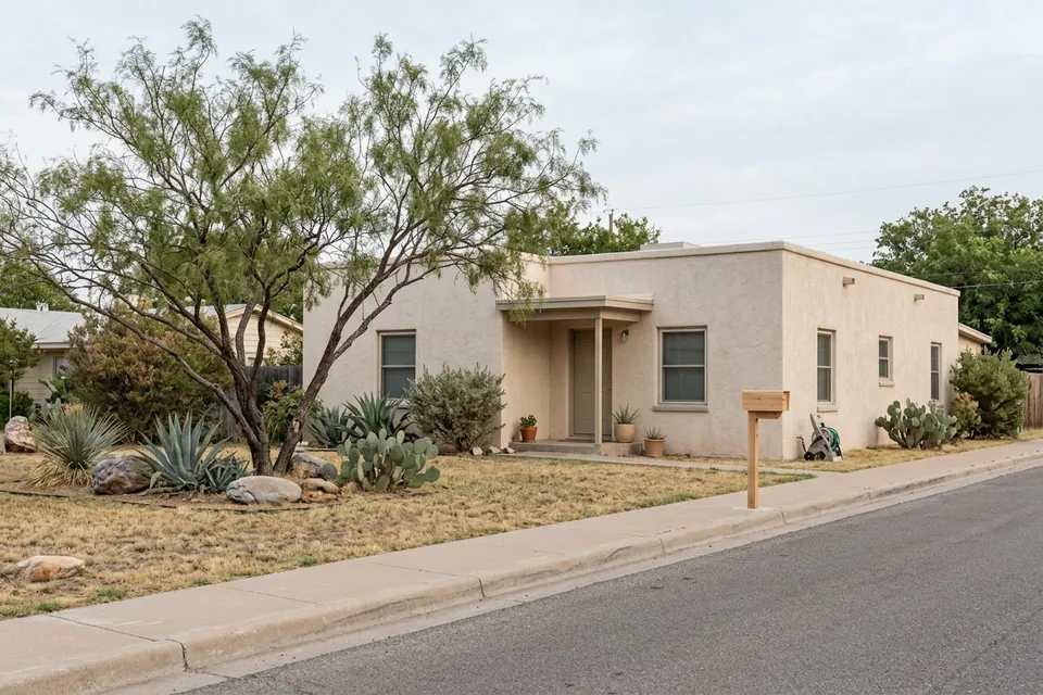 Illustration of a flat-roofed stucco ranch house