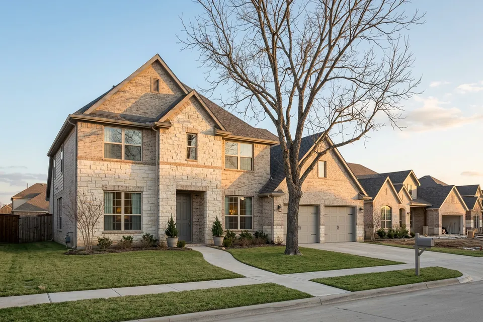 Illustration of a two-story stone and brick suburban house