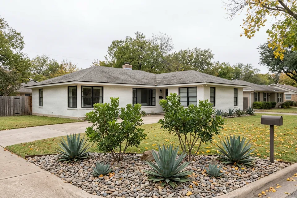 Illustration of a 1970s white-painted brick ranch house