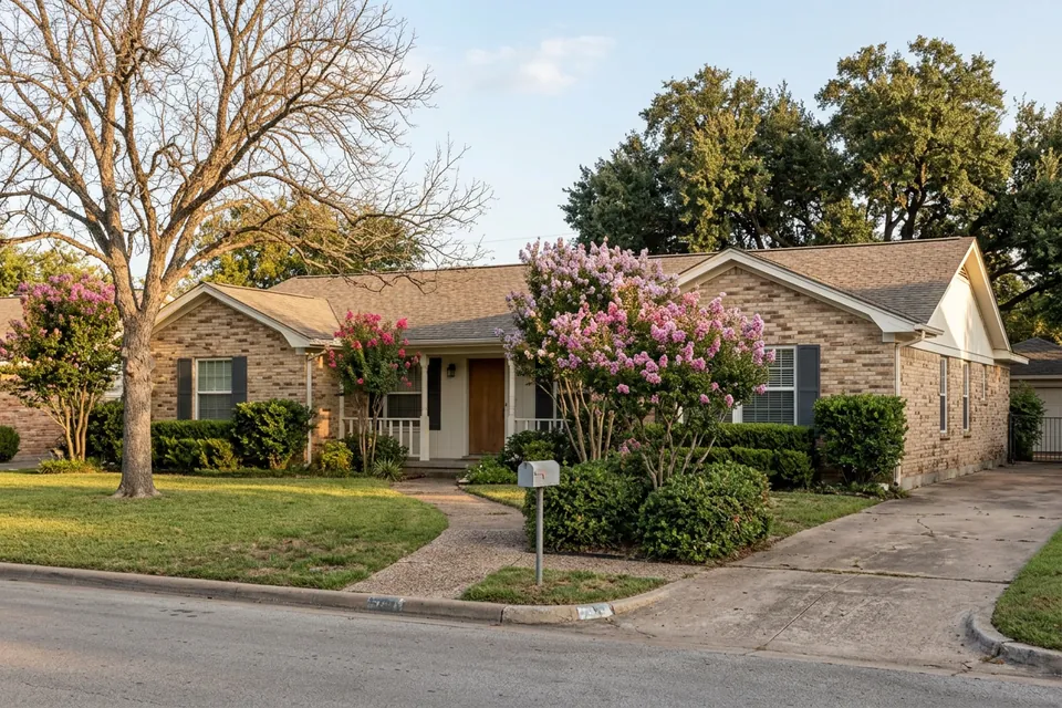 Illustration of a 1970s brick ranch house with shutters