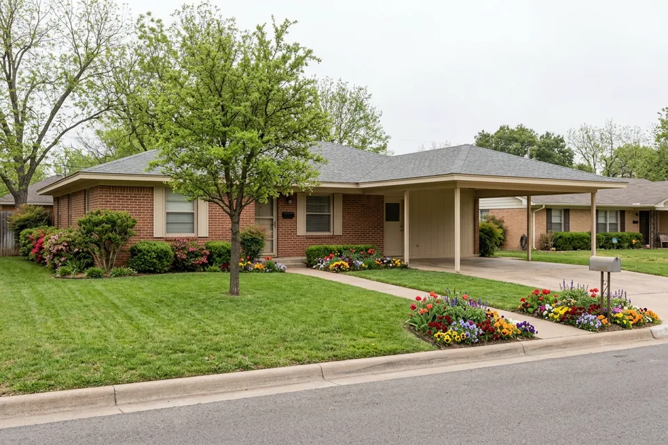 Illustration of a 1960s brick ranch house with a carport