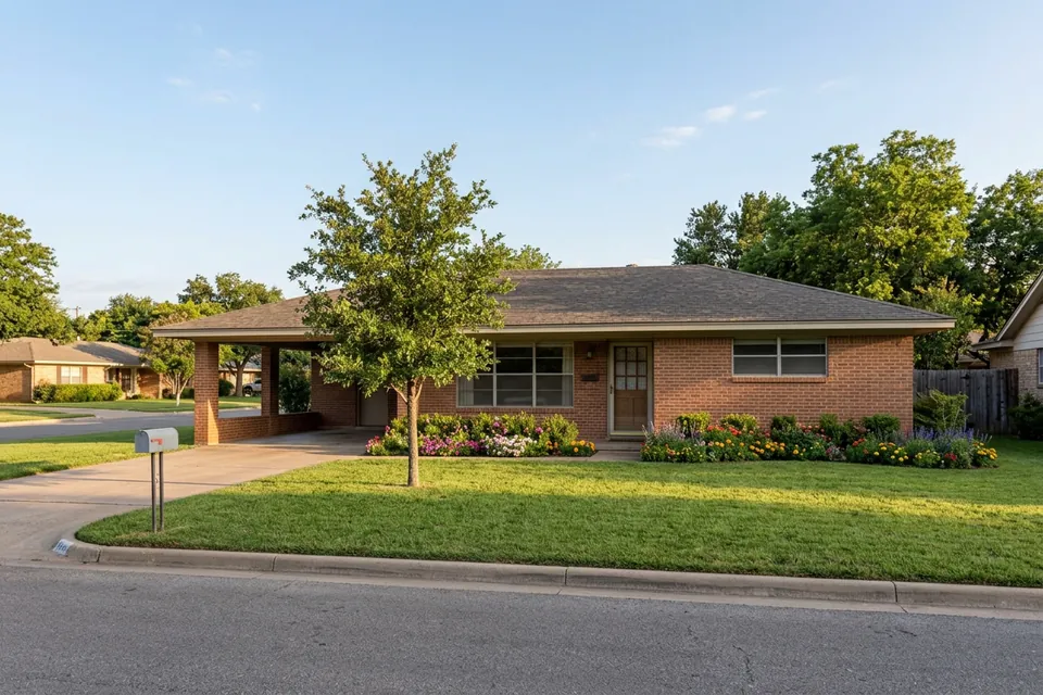 Illustration of a 1960s brick ranch house with a carport