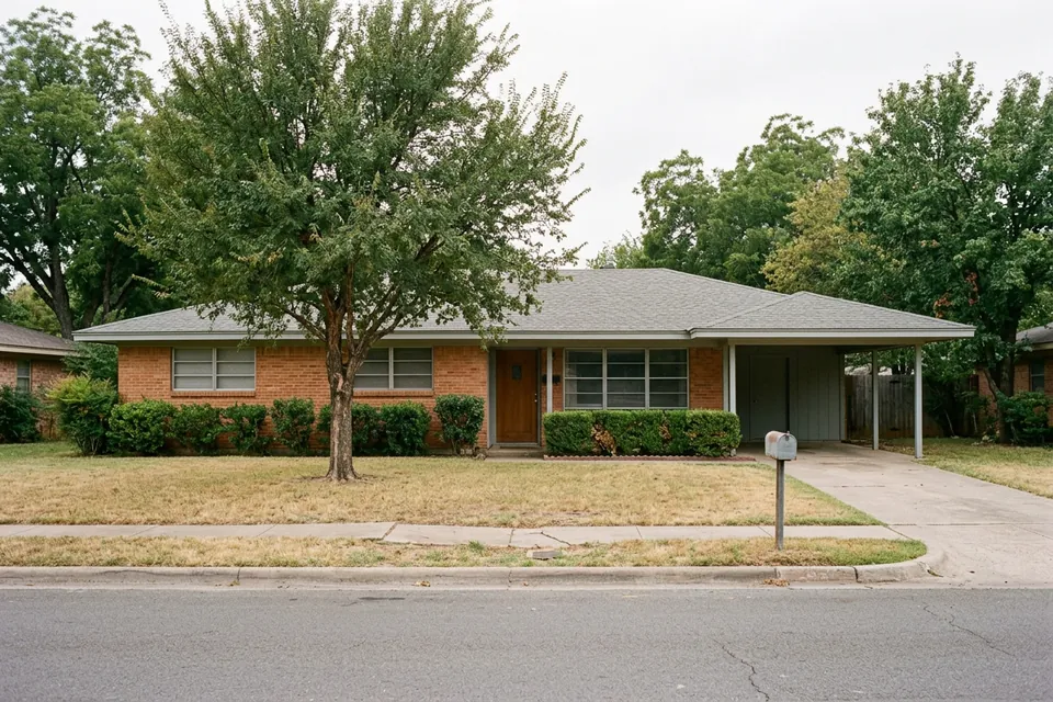 Illustration of a 1960s red brick ranch house with a carport