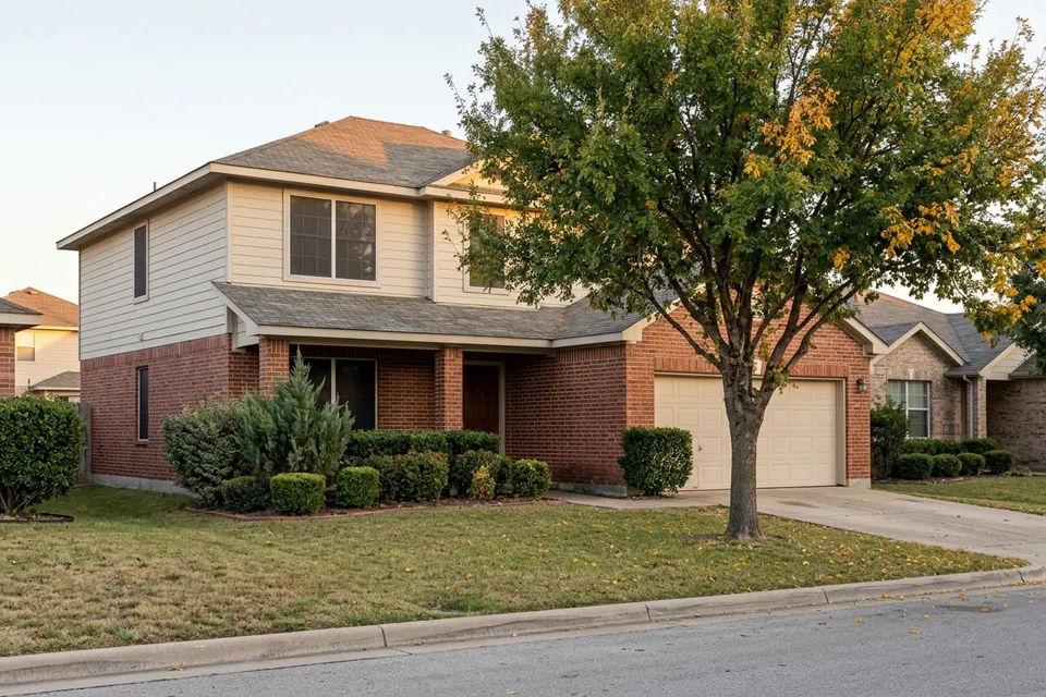 Illustration of a two-story 1980s brick and siding house