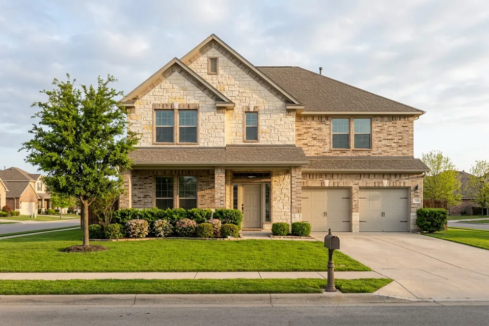Illustration of a two-story stone and brick suburban house