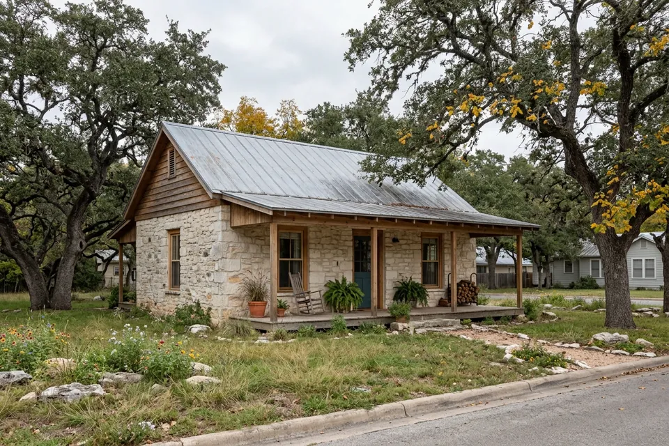 Illustration of a small limestone cottage with a tin roof