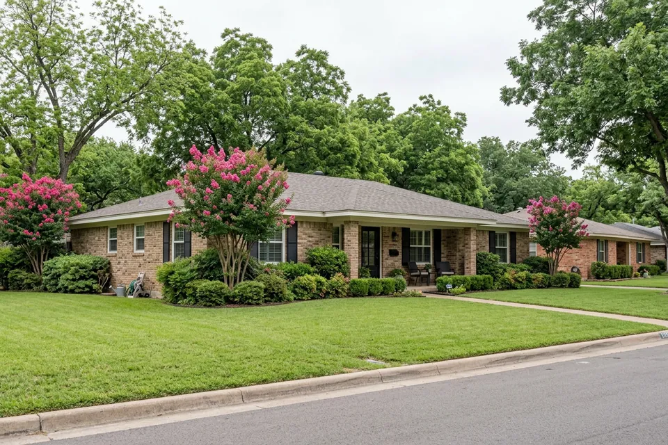 Illustration of a 1970s brick ranch house with shutters