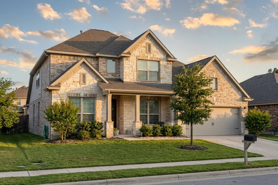 Illustration of a two-story stone and brick suburban house