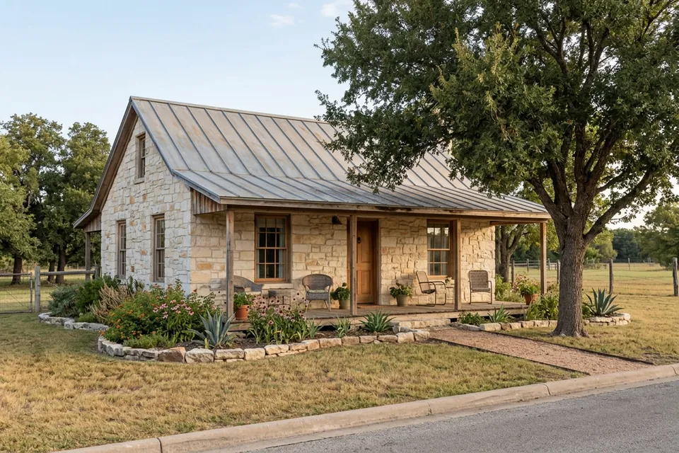 Illustration of a small limestone cottage with a tin roof